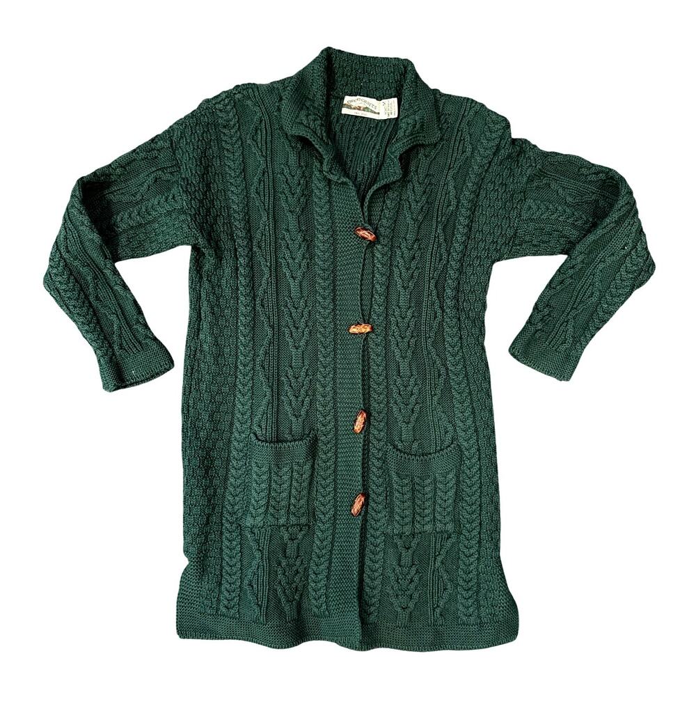 Aran Crafts Ireland Green Cable Knit Wool Blend Long Cardigan Sweater Women's M